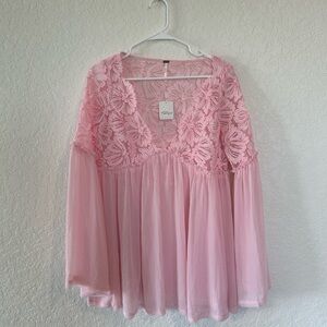 NWT Free People Pink Lace Floral Blouse